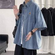 百鵲亭（BAIQUETING）港風(fēng)日系牛仔襯衫男七分袖夏季穿搭痞帥襯衣夏季外套潮牌設計感 K8-W1藍色 M 建議90-110斤