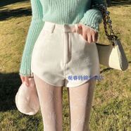 顯腿長顯腿瘦少女中青年秋冬款2022秋冬新款加厚毛呢短褲百搭靴褲超短褲緊身包臀外穿休閑褲子女 白色 XS_建議70-80斤