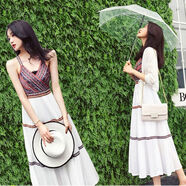 琴言 QIEENYAWRN一字肩棉綢吊帶連衣裙小個(gè)子女 夏季韓版時(shí)尚沙灘裙女小性感性 白色裙子+外+裹胸 XS 90即以下