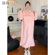 瀚冉長(cháng)款衛衣女秋冬款2024新款超長(cháng)款孕婦冬中連衣裙長(cháng)袖連帽印花字母 粉色連衣裙 M：90-110斤