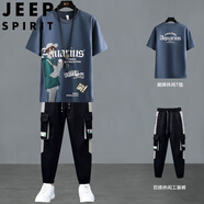 JEEP SPIRIT夏季運動(dòng)套裝男裝2025新款青少年高中學(xué)生短袖帥氣穿搭一套衣服潮 816深灰色套裝(T恤+126褲子) L