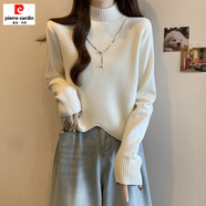 皮爾卡丹（pierre cardin）大碼半高領(lǐng)針織打底衫女秋冬胖m加厚毛衣女內(nèi)搭短款不規(guī)則長(zhǎng)袖上 米白色 M 建議90-100斤