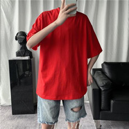 斐升港風(fēng)T恤男潮流寬松純色短袖網(wǎng)紅ins抖音男生上衣百搭潮牌半袖丅恤 紅色圓領(lǐng)短袖 S【建議90斤以下】