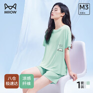 貓人（MiiOW）女士睡衣女夏季薄款舒適棉圓套頭領(lǐng)短褲寬松可外穿家居服套裝