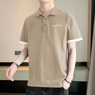 林中尋帶扣子的短袖男夏季新款t恤潮流有帶領(lǐng)半袖衫上衣服 P82杏色 2XL