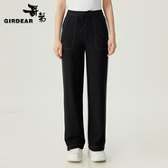 哥弟（GIRDEAR）女裝明線設(shè)計彈性萊賽爾棉牛仔布高腰直筒休閑長褲女1100492 黑 L (4碼)