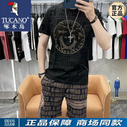啄木鳥(niǎo)（TUCANO）2025新款夏季短袖短褲t恤男士?jì)杉讱W洲站潮牌印花休閑套裝 黑色套裝 XL 【120-140斤】