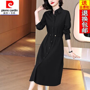 皮爾卡丹（pierre cardin）23年新款女裝襯衫連衣裙春秋季新款高端氣質(zhì)收腰顯瘦中長(zhǎng)款裙 黑色 3XL 139-150斤