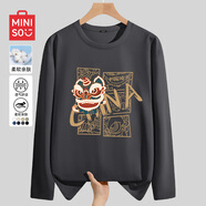 名創(chuàng  )優(yōu)品（MINISO）初秋純棉打底衫男春秋重磅圓領(lǐng)內搭上衣男女生百搭純色長(cháng)袖T恤潮 深灰(大功夫醒獅) S 165(男女同款)