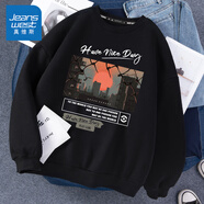真維斯（Jeanswest）春秋衛(wèi)衣男圓領(lǐng)無帽打底衫青少年重磅棉質(zhì)上衣寬松大碼胖男士長袖 黑色(日落城市) L (建議120斤-140斤左右)