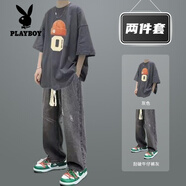 花花公子短袖t恤兩件套男港風(fēng)夏季潮牌ins衣服搭配一整套痞帥休閑套裝男裝 ：O帽子灰+牛仔長(zhǎng)褲黑 2XL