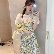 凡摩喬碎花雪紡吊帶裙女夏裝泡泡袖連衣裙2025新款 白T+吊帶裙 套裝 只為賺親五 S 【建議80-斤】