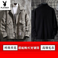 花花公子夾克男士外套秋冬季加厚休閑套裝韓版男裝一套搭配痞帥氣棉衣潮流 灰色外套+黑毛衣 加厚 3XL 建議145-160斤