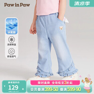 PawinPaw【涼感】卡通小熊童裝春季女寶寶荷葉邊牛仔褲 牛仔藍色/55 110 cm