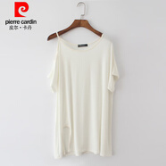 皮爾卡丹（pierre cardin）垂感漏肩莫代爾上衣女夏單肩吊帶中長(cháng)款純色大碼寬松短袖露肩t恤 白色 短袖 均碼90-140斤