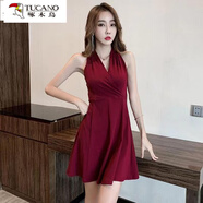 啄木鳥(niǎo)赫本風(fēng)V領(lǐng)無(wú)袖連衣裙女夏季收腰顯瘦女神范氣質(zhì)性感高腰A字背心裙 酒紅色 XL