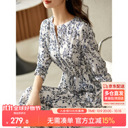 尚都比拉新中式國風連衣裙夏裝青花瓷印花氣質收腰顯瘦裙子 白底藍花 M