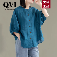 QVI高端品牌 亞麻短袖襯衫女2025夏季新款薄款寬松休閑顯瘦棉麻上衣 藍色 2XL 【 建議131-145斤】