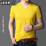 JEEP SPIRIT短袖T恤男夏季薄款純色V領(lǐng)莫代爾棉半袖打底衫冰絲光棉體恤上衣潮 純黃色 M 165