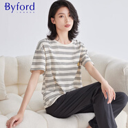 百富英國百富100%純棉家居服夏季睡衣女士全棉舒適短袖短褲可外穿套裝 米灰色-BF05681 XL碼（115-130斤）