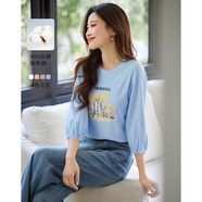 熙世界（sllsky）燈籠七分袖印花T恤女秋2025新款時(shí)尚減齡中袖天絲體恤上衣 淺水藍 M