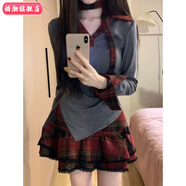 柏潮早春穿搭美式甜辣格子連衣裙女夏季新款百褶蓬蓬公主短裙套裝 紅色 (單件-紅黑格紋蓬蓬短裙) S (90斤內)