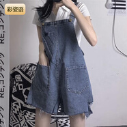 若卡姿牛仔連體褲子女夏季新款ins復古做舊破洞短褲寬松顯瘦bf背帶褲潮 藍色[] L