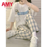 愛(ài)麥依2025新款夏季套裝女學(xué)生韓版寬松鹽系短袖上衣格子闊腿褲兩件套潮 白色上衣+格子褲【一套】 M 95-105斤