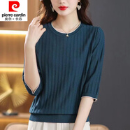 皮爾卡丹（pierre cardin）23年新款春夏新款女裝中袖t恤薄針織衫寬松洋氣小衫七分袖上衣女 哈青【版】 XL 建議120-130斤