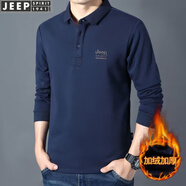 吉普（JEEP）長(zhǎng)袖T恤男春秋季新款商務(wù)休閑寬松翻領(lǐng)純色棉質(zhì)男裝上衣打底衫 寶藍(lán)色 加絨 L(建議131-145斤)