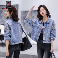 AEMAPE外套女2025年春秋冬季新款牛仔短外套女小清新港味夾克韓版上衣 藍色繡花808款 3XL _建議135-145斤