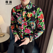 尊首東北大花長袖襯衫男女同款國風時尚百搭大碼牡丹花襯衣休閑 黑色 6XL