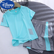 迪士尼（Disney）品牌夏裝童裝男童兒童套裝夏季速干短袖t恤運動(dòng)短褲女童網(wǎng)眼冰絲 清新色 納米拼色套裝 150 cm