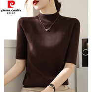 皮爾卡丹（pierre cardin）高級咖色半高領(lǐng)五分袖針織衫毛衣女春秋2025新款修身中袖打底上衣 深棕色 L 【建議110-130斤】