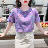 啄木鳥正肩棉短袖t恤夏季女裝2025新款寬松白色半袖體恤上衣夏裝ins潮 228紫色 S 建議80-95斤