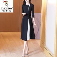 啄木鳥(niǎo)黑色中長(cháng)款連衣裙修身女白色拼接氣質(zhì)收腰顯瘦2025秋新款撞色裙子 黑色 L 【建議100-115斤】
