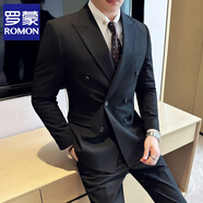 羅蒙（ROMON）雙排扣槍駁領(lǐng)西裝男套裝修身休閑韓版商務(wù)正裝男士結(jié)婚三件套西服 338黑色雙排扣【單件西服】 XL