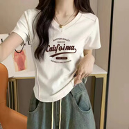 翎悅短袖t恤女V領(lǐng)夏季新款顯瘦修身不規(guī)則下擺半袖體恤休閑短款上衣潮 白色-caifo L 建議100-115斤