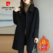 皮爾卡丹毛呢大衣女2025秋冬新款加厚韓版修身顯瘦中長款雙面毛呢外套女 黑色【加棉加厚】 XL 碼【建議114-127斤】
