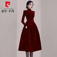 皮爾卡丹（pierre cardin）時尚洋氣減齡法式氣質輕熟女裝2025秋冬新款長袖大擺金絲絨連衣裙 酒紅色 XL