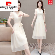 皮爾卡丹（pierre cardin）優(yōu)雅純色連衣裙女2025新款夏季收腰系帶女神范氣質(zhì)減齡中長a字裙 杏色 M