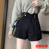 tromlfz秋冬季新款時尚大碼胖mm毛呢短褲子女學生韓版寬松加厚外穿靴褲潮 黑色 XXS