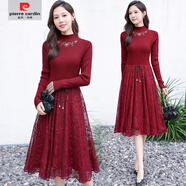 皮爾卡丹（pierre cardin）蕾絲加厚針織連衣裙秋冬新款收腰顯瘦配大衣內(nèi)搭打底毛衣裙中長款 紅色【版】 S 【建議85-95斤】