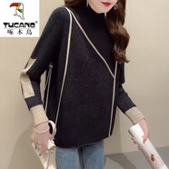 啄木鳥(niǎo)羊毛衫女半高領(lǐng)毛衣女秋冬加厚設計感女士針織衫冬季加絨百搭寬松 黑色 XL 【120-130斤】