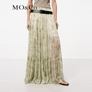 MO&Co.半身裙順紆縐雪紡佩斯里花紋低腰長(cháng)款塔裙法式度假風(fēng)摩安珂 白底綠印花 M 165