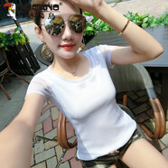 啄木鳥(niǎo)（TUCANO）時(shí)尚網(wǎng)紗蕾絲衫圓領(lǐng)燙金短袖打底衫上衣女2025夏季新款純棉T恤小 983# 圓領(lǐng)-白色 S