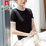 皮爾卡丹（pierre cardin）拼接圓領(lǐng)亮閃閃短袖T恤女2025新款網(wǎng)紅撞色短袖女裝半袖體恤衫 黑色 S 80-95斤