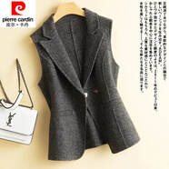 皮爾卡丹（pierre cardin）23年新款秋冬毛呢馬甲女西裝領(lǐng)短款修身背心外穿坎肩毛呢外套馬夾 人字紋黑色 L 106-116斤