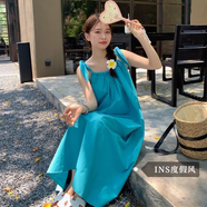 小野七天吊帶裙子夏季2025度假風(fēng)連衣裙系帶氣質(zhì)寬松顯瘦A字裙藍(lán)色裙子 藍(lán)色度假風(fēng)系帶 L