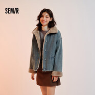 森馬（Semir）牛仔棉服女拼接毛領(lǐng)美式復(fù)古2024冬寬松毛邊夾克街頭109724108017